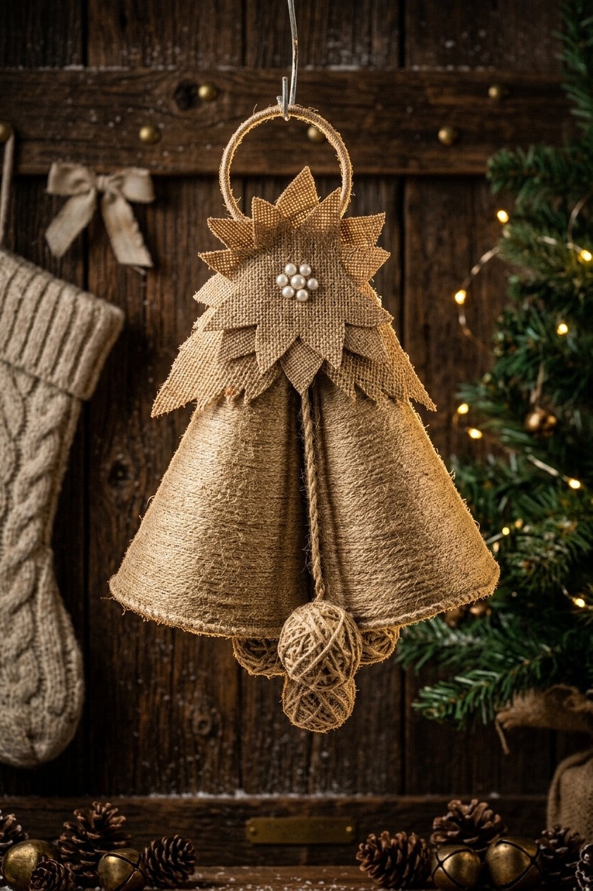 EcoChic Handcrafted 100% Pure Jute Double Bell Hanging Ornament with Star Floral Accent Boho Holiday & Wall Decor (15" x 10")