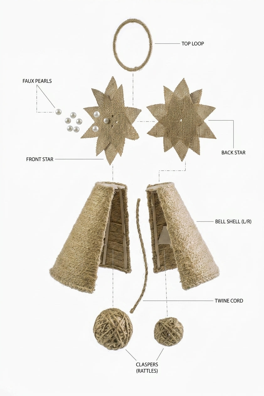 EcoChic Handcrafted 100% Pure Jute Double Bell Hanging Ornament with Star Floral Accent Boho Holiday & Wall Decor (15" x 10")