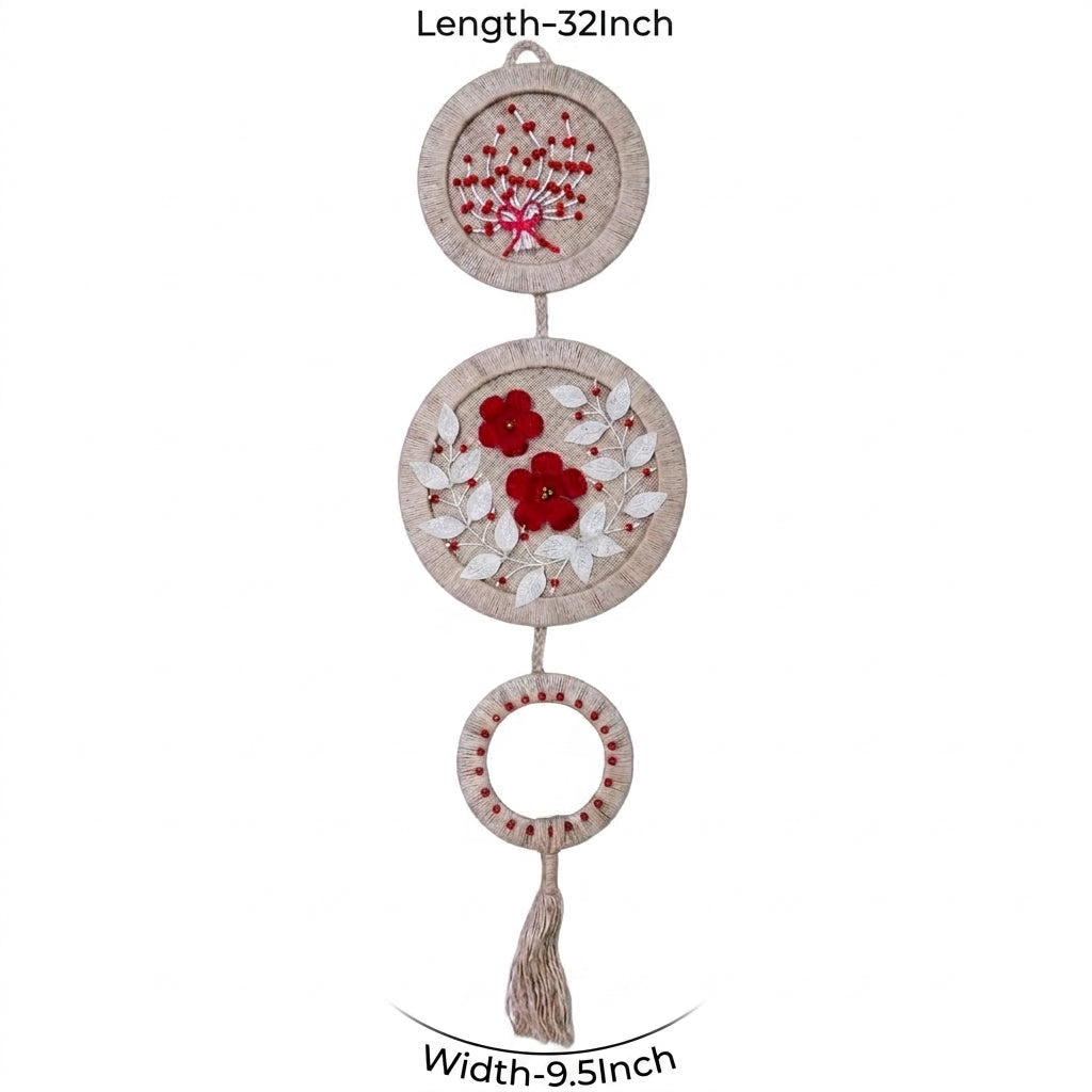 EcoChic Handcrafted 100% Pure Jute 3-Tier Circular Wall Hanging Decor with Red Floral Embroidery & Tassel (32" x 9.5")