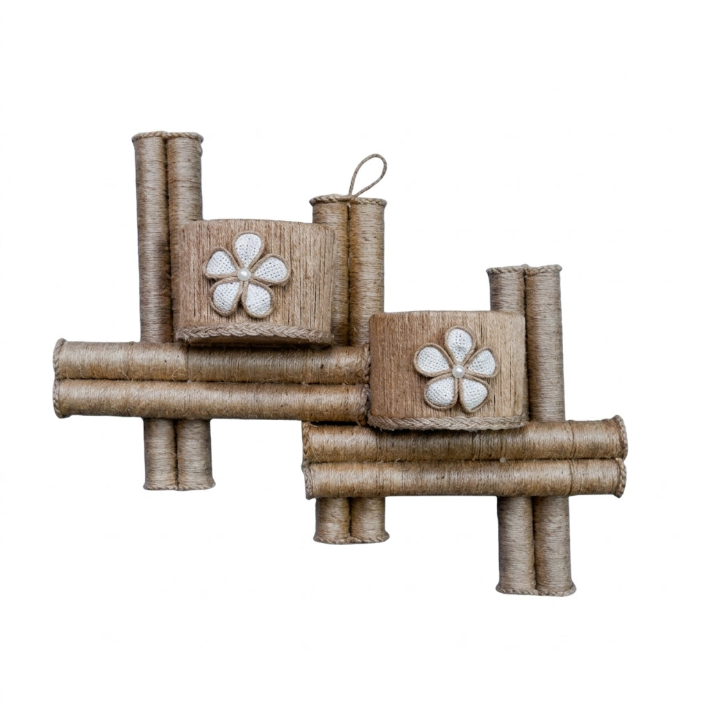 EcoChic Handcrafted 100% Pure Jute Dual Wall Pocket Organizer with Floral Accents  Boho Wall Hanging Planter (11" x 15")