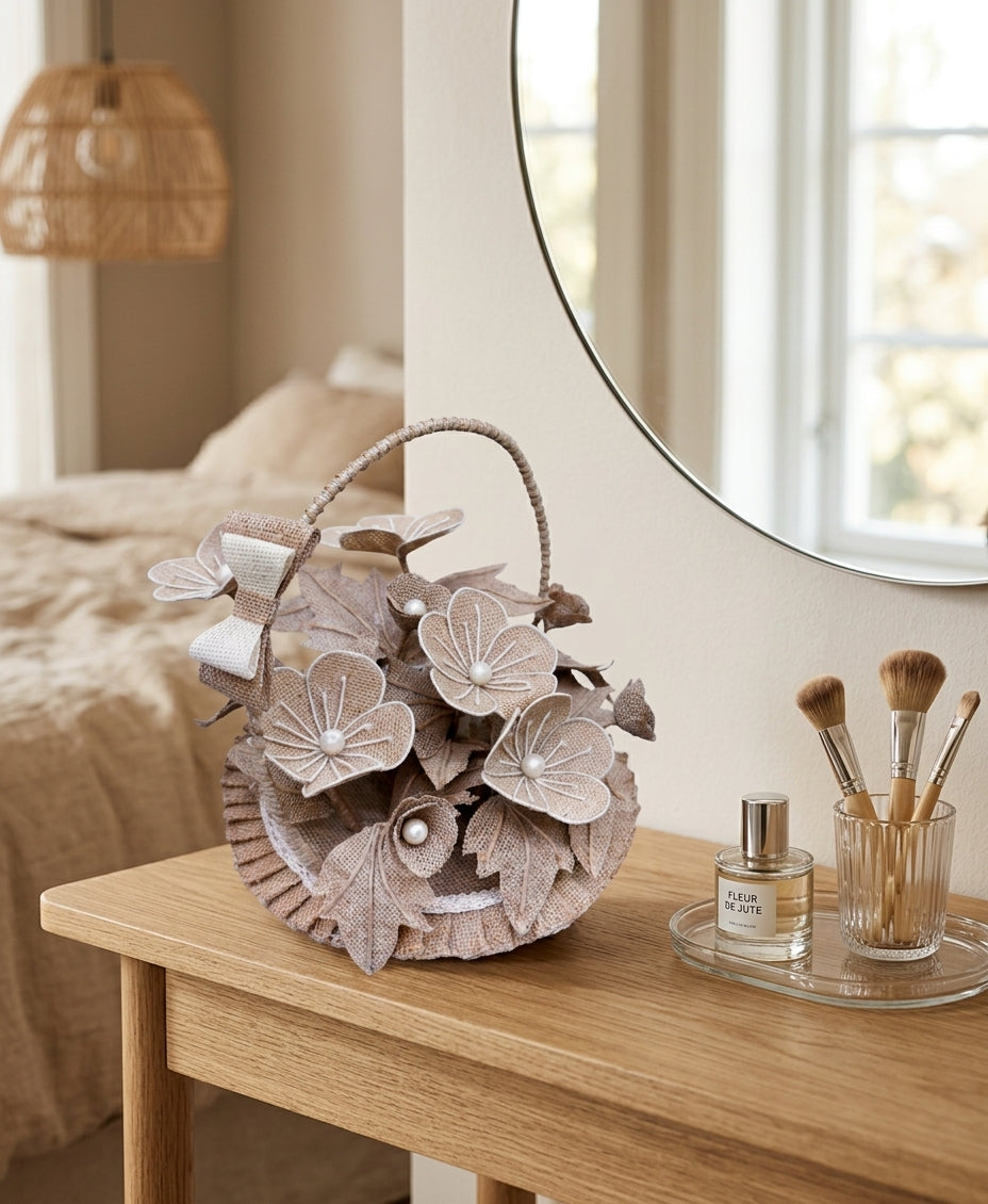 EcoChic Handcrafted 100% Pure Jute Decorative Flower Basket with Bow & Pearl Accents  Boho Tabletop Decor (13" x 10")