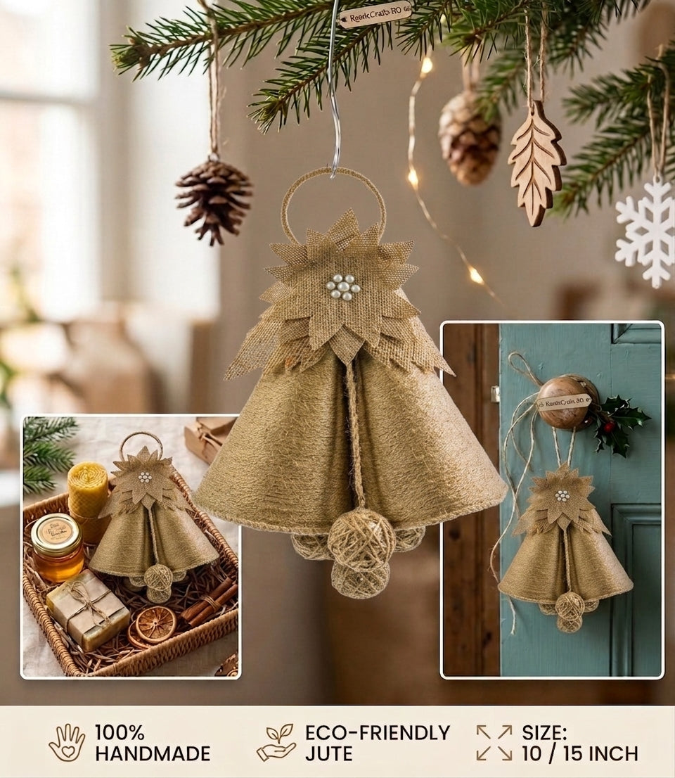 EcoChic Handcrafted 100% Pure Jute Double Bell Hanging Ornament with Star Floral Accent Boho Holiday & Wall Decor (15" x 10")