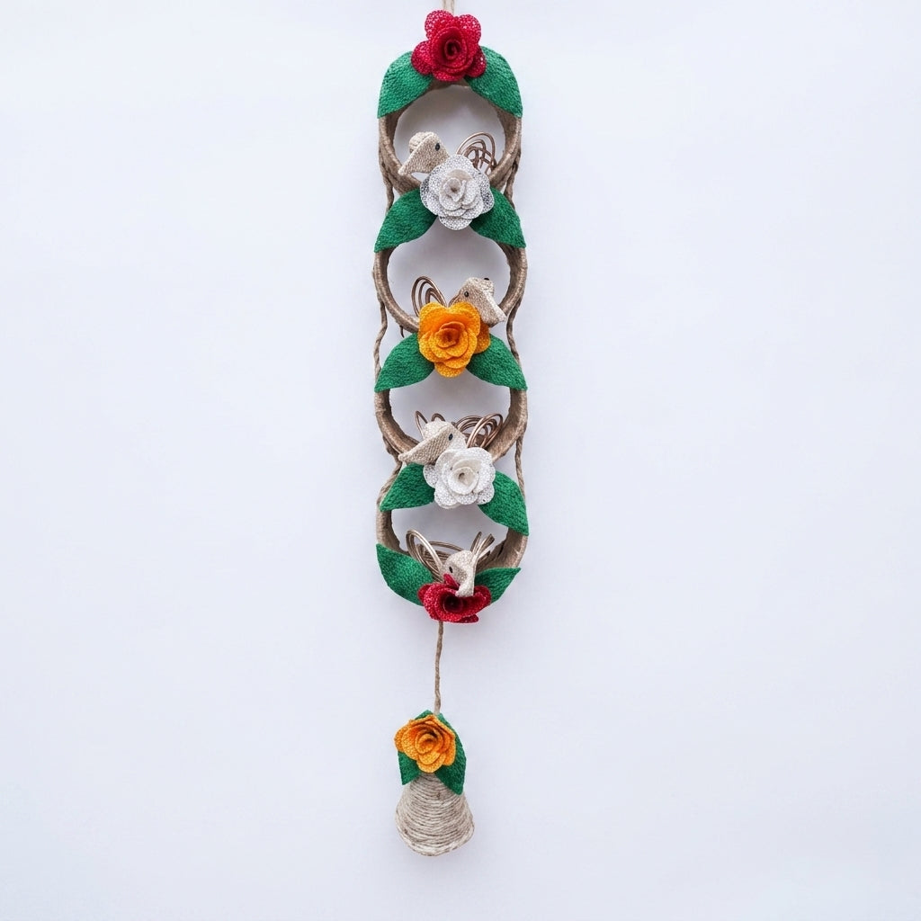 EcoChic Handcrafted 100% Pure Jute 4-Ring Vertical Wall Hanging Decor with Birds & Floral Accents (21.5" x 3.5")