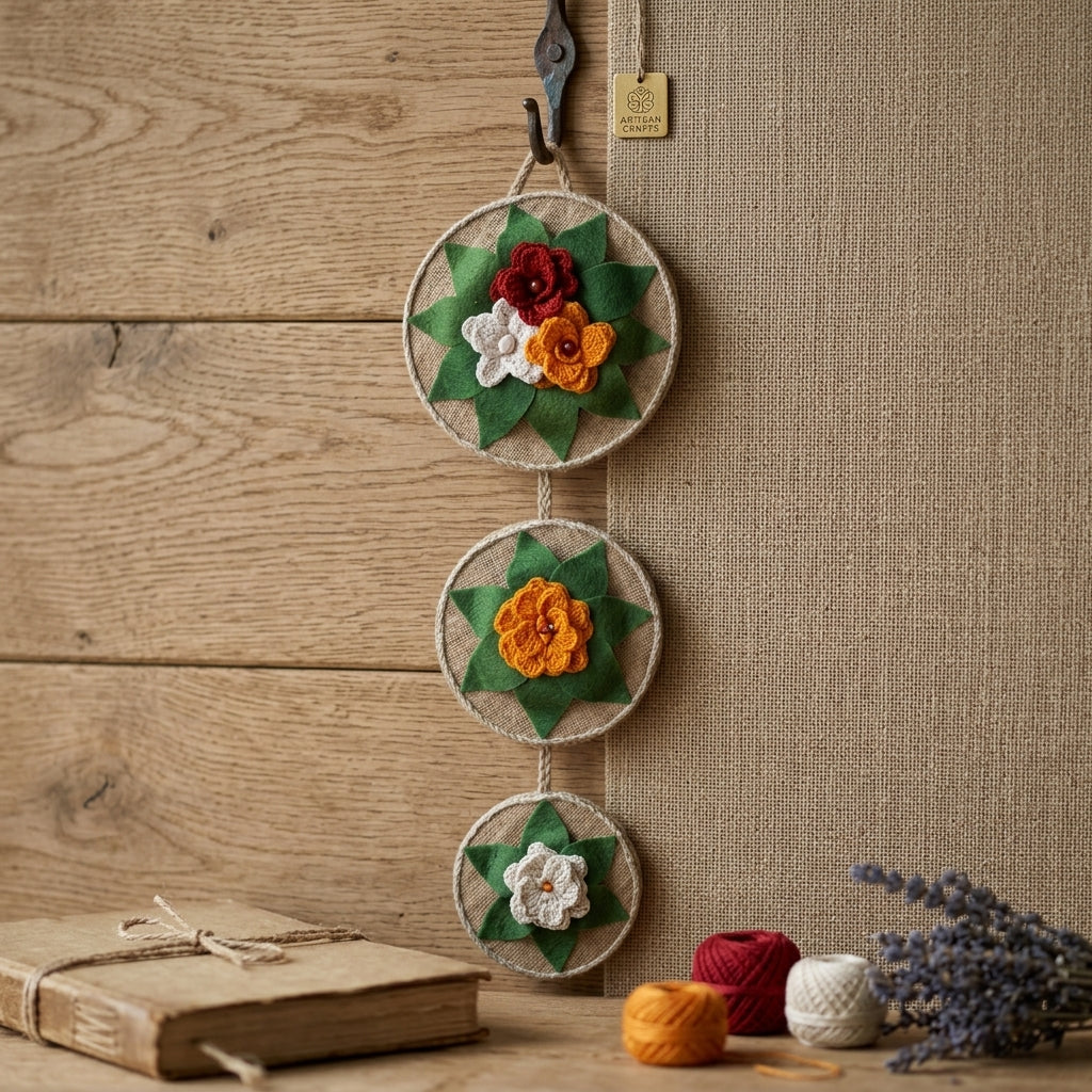 EcoChic Handcrafted 100% Pure Jute 3-Tier Circular Vertical Wall Hanging Decor with Floral Accents (24" x 8")