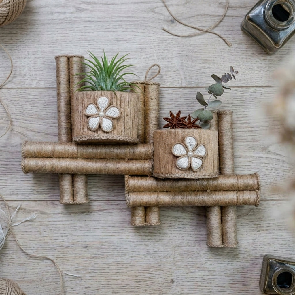 EcoChic Handcrafted 100% Pure Jute Dual Wall Pocket Organizer with Floral Accents  Boho Wall Hanging Planter (11" x 15")