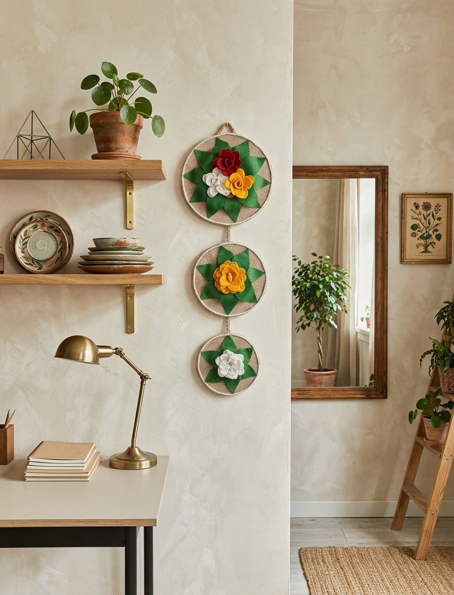 EcoChic Handcrafted 100% Pure Jute 3-Tier Circular Vertical Wall Hanging Decor with Floral Accents (24" x 8")