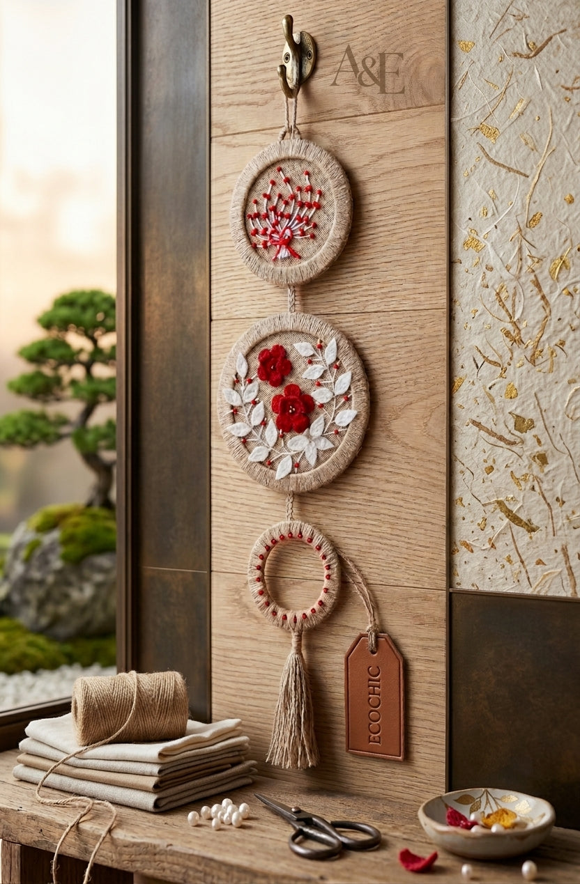 EcoChic Handcrafted 100% Pure Jute 3-Tier Circular Wall Hanging Decor with Red Floral Embroidery & Tassel (32" x 9.5")