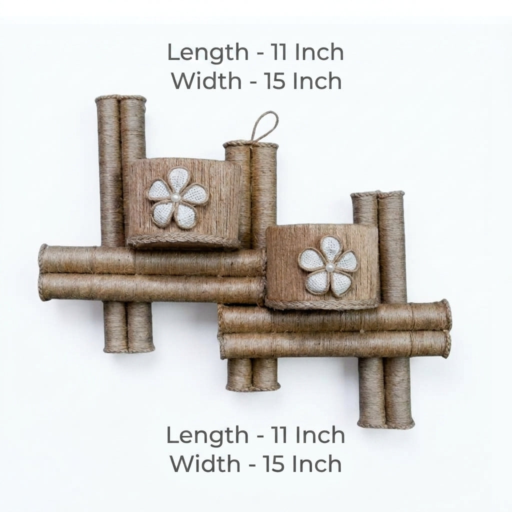EcoChic Handcrafted 100% Pure Jute Dual Wall Pocket Organizer with Floral Accents  Boho Wall Hanging Planter (11" x 15")