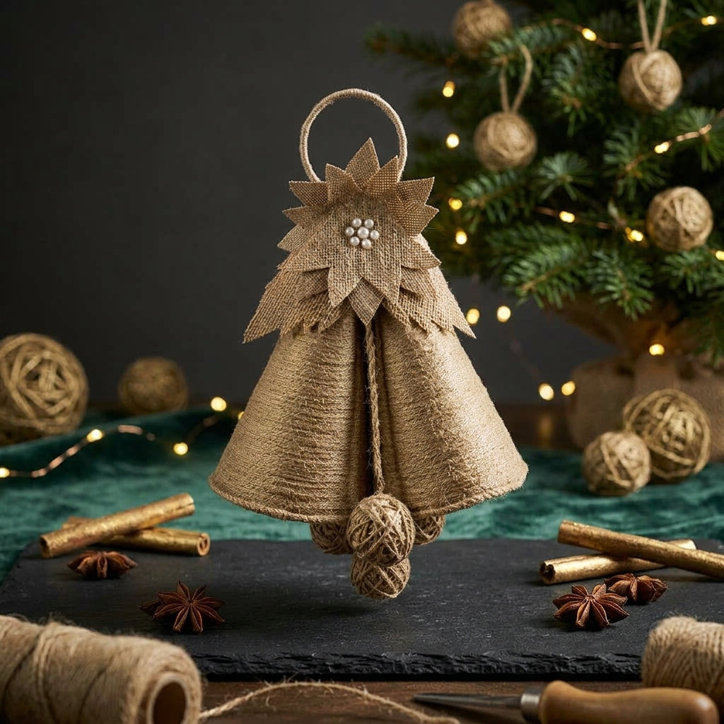 EcoChic Handcrafted 100% Pure Jute Double Bell Hanging Ornament with Star Floral Accent Boho Holiday & Wall Decor (15" x 10")