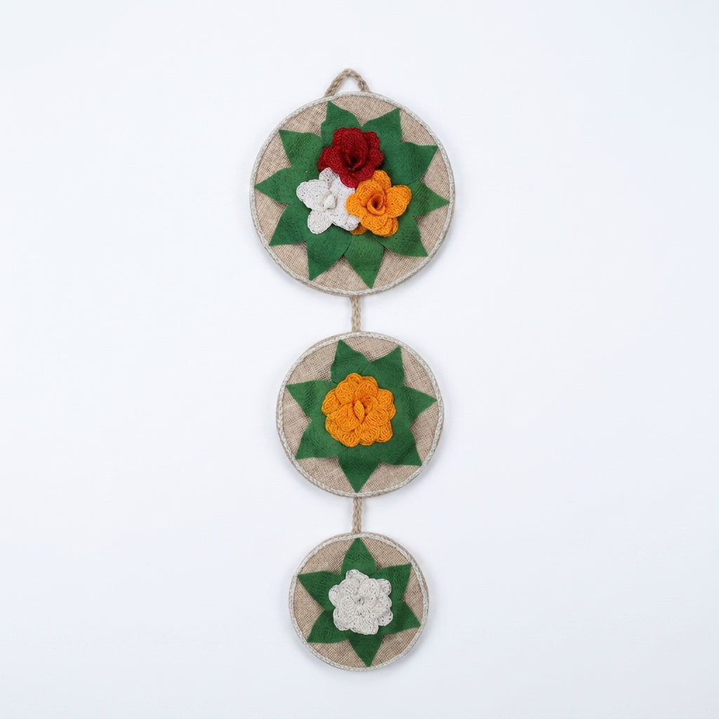 EcoChic Handcrafted 100% Pure Jute 3-Tier Circular Vertical Wall Hanging Decor with Floral Accents (24" x 8")