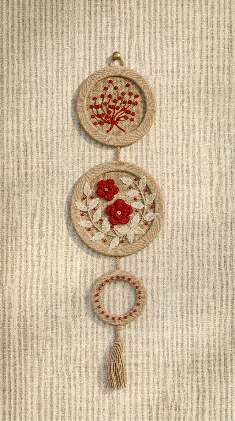 EcoChic Handcrafted 100% Pure Jute 3-Tier Circular Wall Hanging Decor with Red Floral Embroidery & Tassel (32" x 9.5")