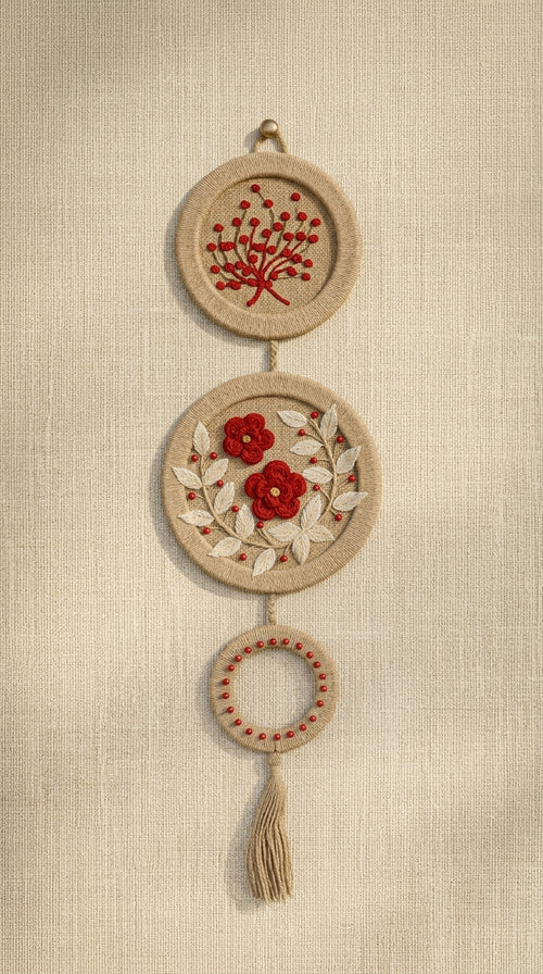 EcoChic Handcrafted 100% Pure Jute 3-Tier Circular Wall Hanging Decor with Red Floral Embroidery & Tassel (32" x 9.5")