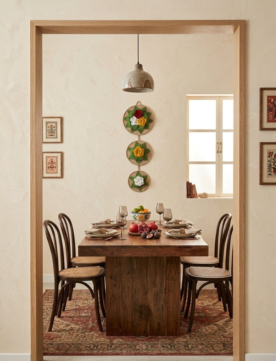 EcoChic Handcrafted 100% Pure Jute 3-Tier Circular Vertical Wall Hanging Decor with Floral Accents (24" x 8")