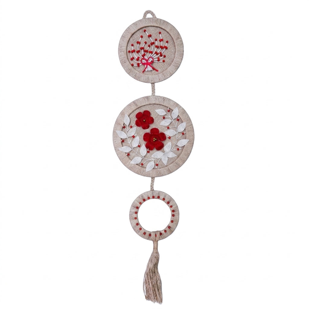 EcoChic Handcrafted 100% Pure Jute 3-Tier Circular Wall Hanging Decor with Red Floral Embroidery & Tassel (32" x 9.5")