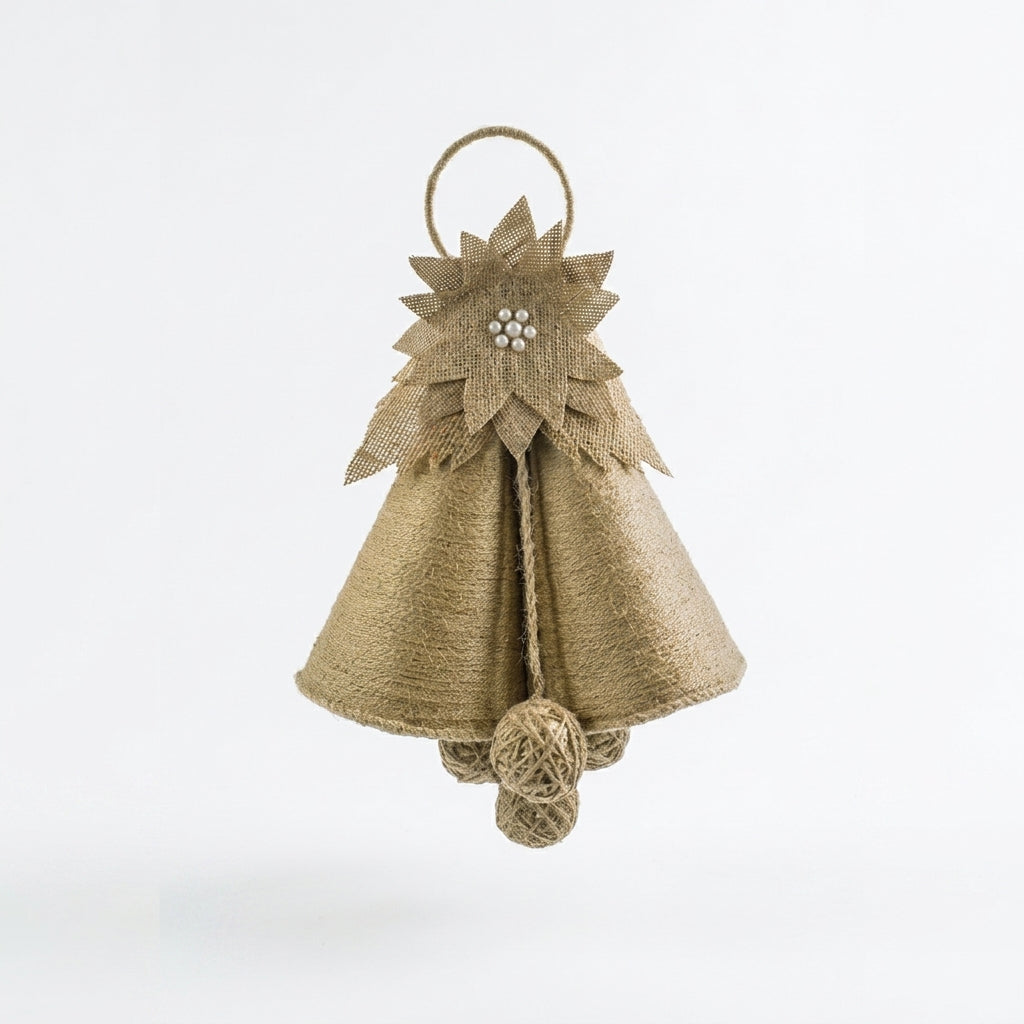 EcoChic Handcrafted 100% Pure Jute Double Bell Hanging Ornament with Star Floral Accent Boho Holiday & Wall Decor (15" x 10")