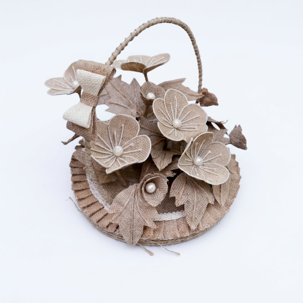 EcoChic Handcrafted 100% Pure Jute Decorative Flower Basket with Bow & Pearl Accents  Boho Tabletop Decor (13" x 10")