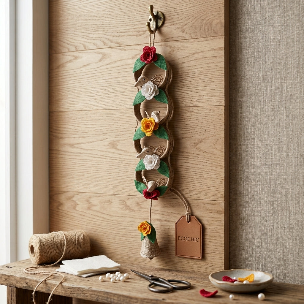 EcoChic Handcrafted 100% Pure Jute 4-Ring Vertical Wall Hanging Decor with Birds & Floral Accents (21.5" x 3.5")