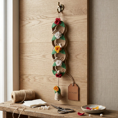EcoChic Handcrafted 100% Pure Jute 4-Ring Vertical Wall Hanging Decor with Birds & Floral Accents (21.5" x 3.5")