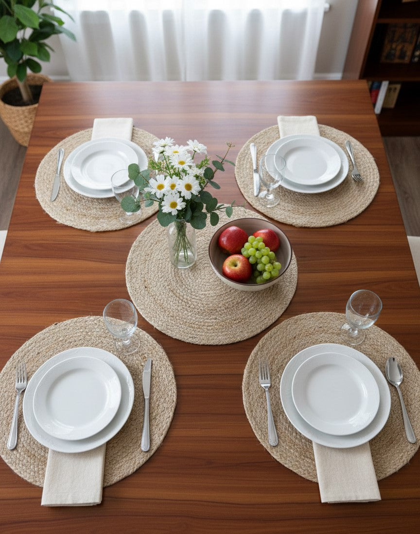 EcoChic Handcrafted 100% Pure Jute Classic Braided Round Placemat Set Reversible Boho Table Mat & Trivet
