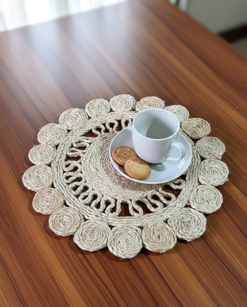 100% Pure Natural Jute Handcrafted Scalloped Placemat 14 Inch - EcoChic