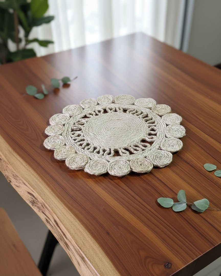 100% Pure Natural Jute Handcrafted Scalloped Placemat 14 Inch - EcoChic