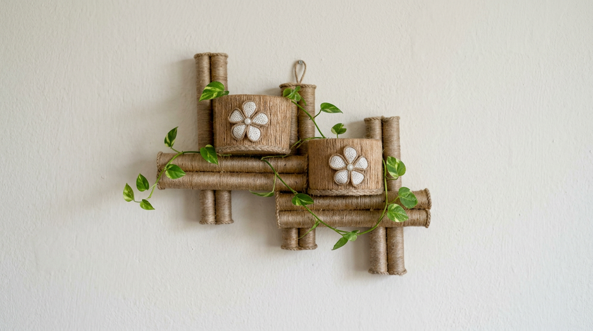 EcoChic Handcrafted 100% Pure Jute Dual Wall Pocket Organizer with Floral Accents  Boho Wall Hanging Planter (11" x 15")