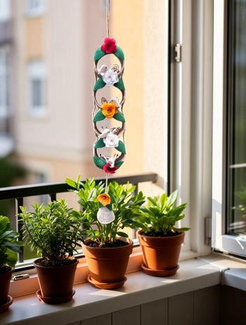 EcoChic Handcrafted 100% Pure Jute 4-Ring Vertical Wall Hanging Decor with Birds & Floral Accents (21.5" x 3.5")