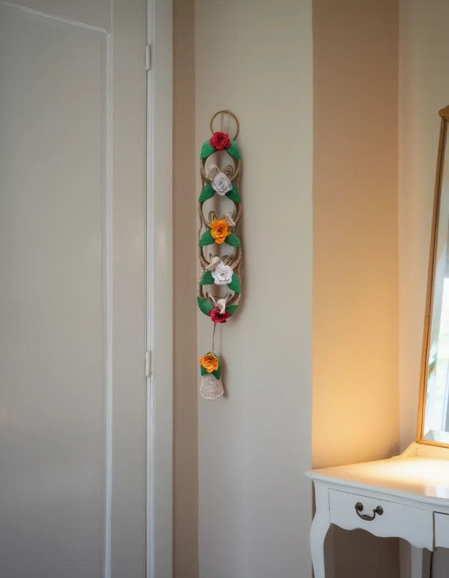 EcoChic Handcrafted 100% Pure Jute 4-Ring Vertical Wall Hanging Decor with Birds & Floral Accents (21.5" x 3.5")