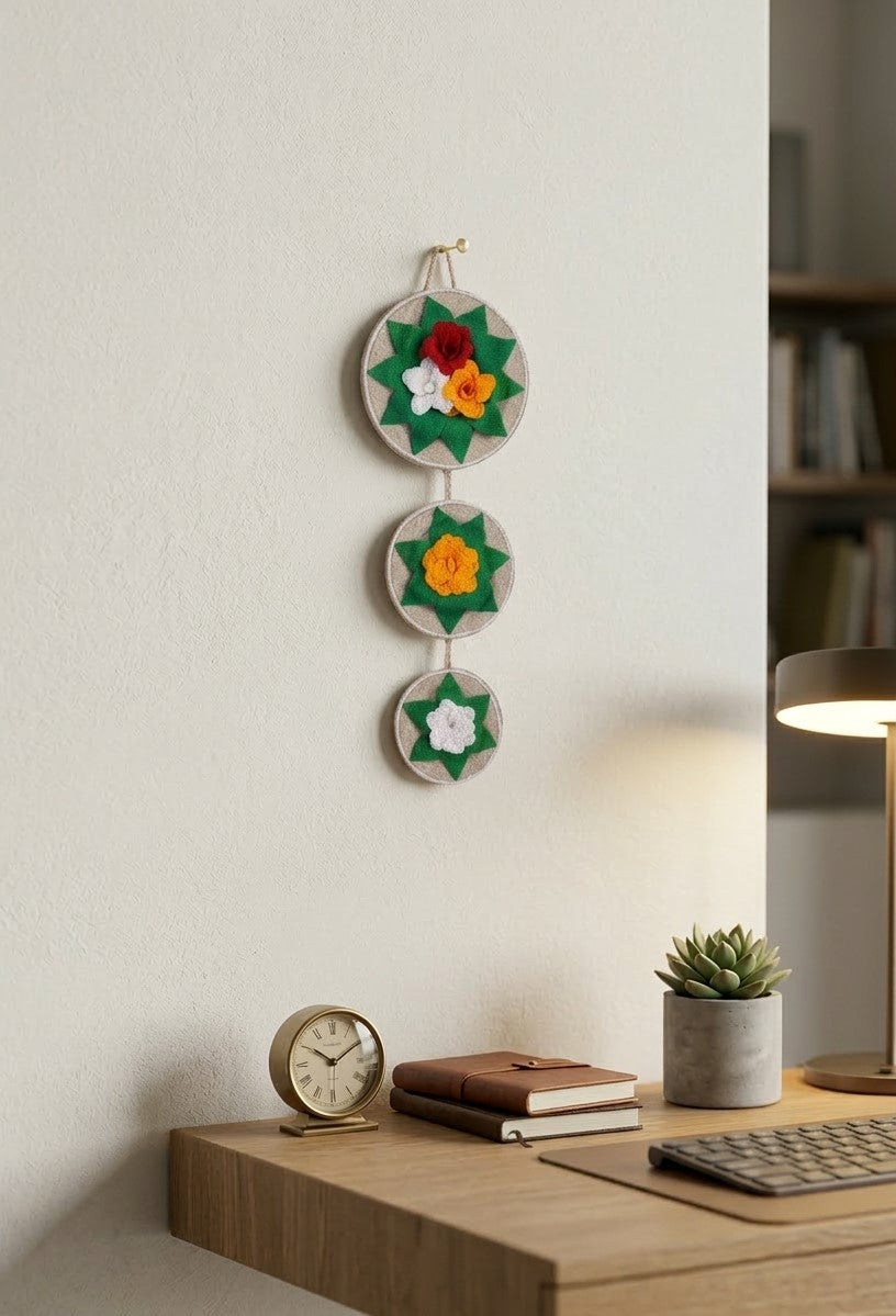 EcoChic Handcrafted 100% Pure Jute 3-Tier Circular Vertical Wall Hanging Decor with Floral Accents (24" x 8")